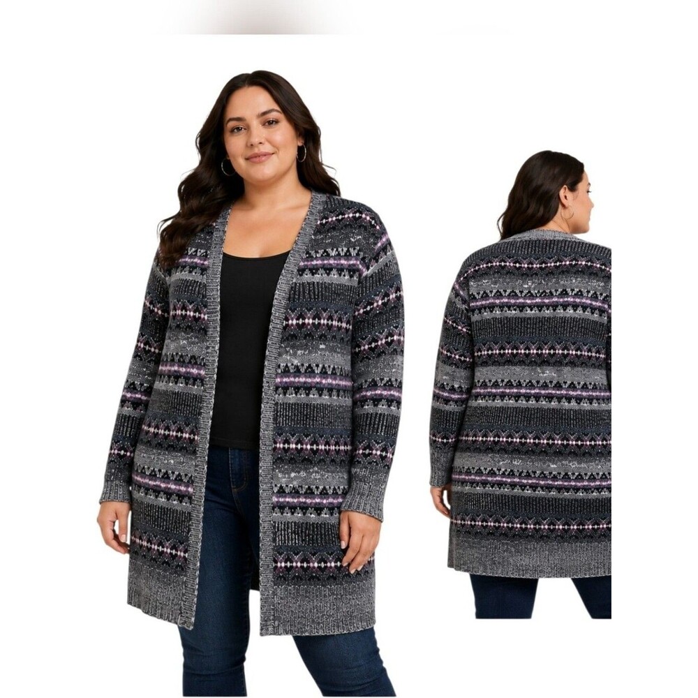 Torrid Open Front Knit Cardigan Sweater Gray Fair Isle Longline Size 1X